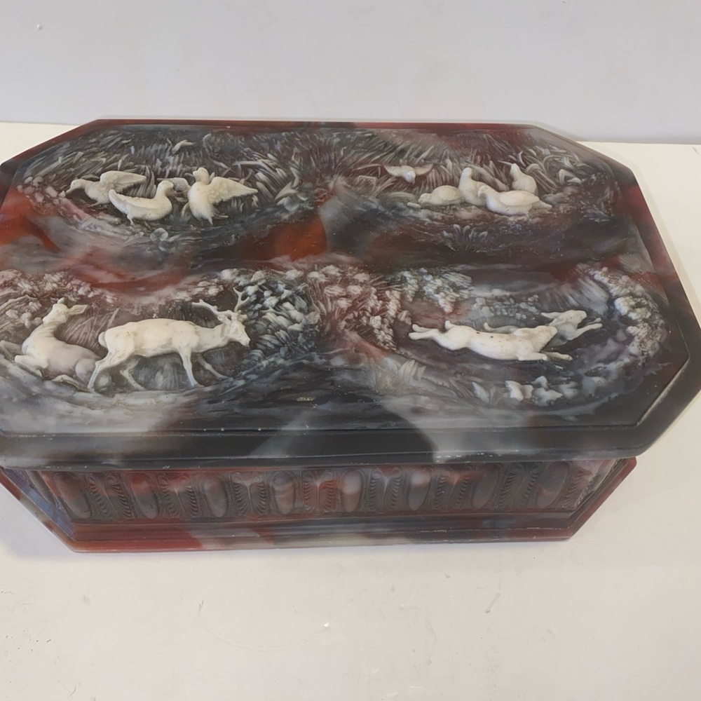 Decorative Marbled Jewelry Box with Animal Relief - Brown & White